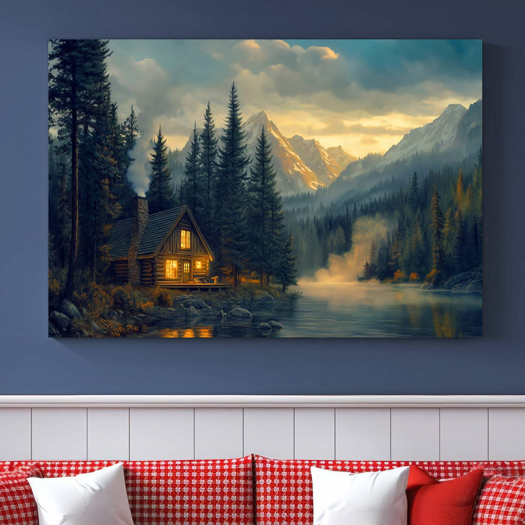 Mountain Cabin by the Lake at Sunset Wall Art - Serene Nature Canvas Print for Living Room Decor, Rustic Lodge Ambiance, 3-Panel Large Wall Art