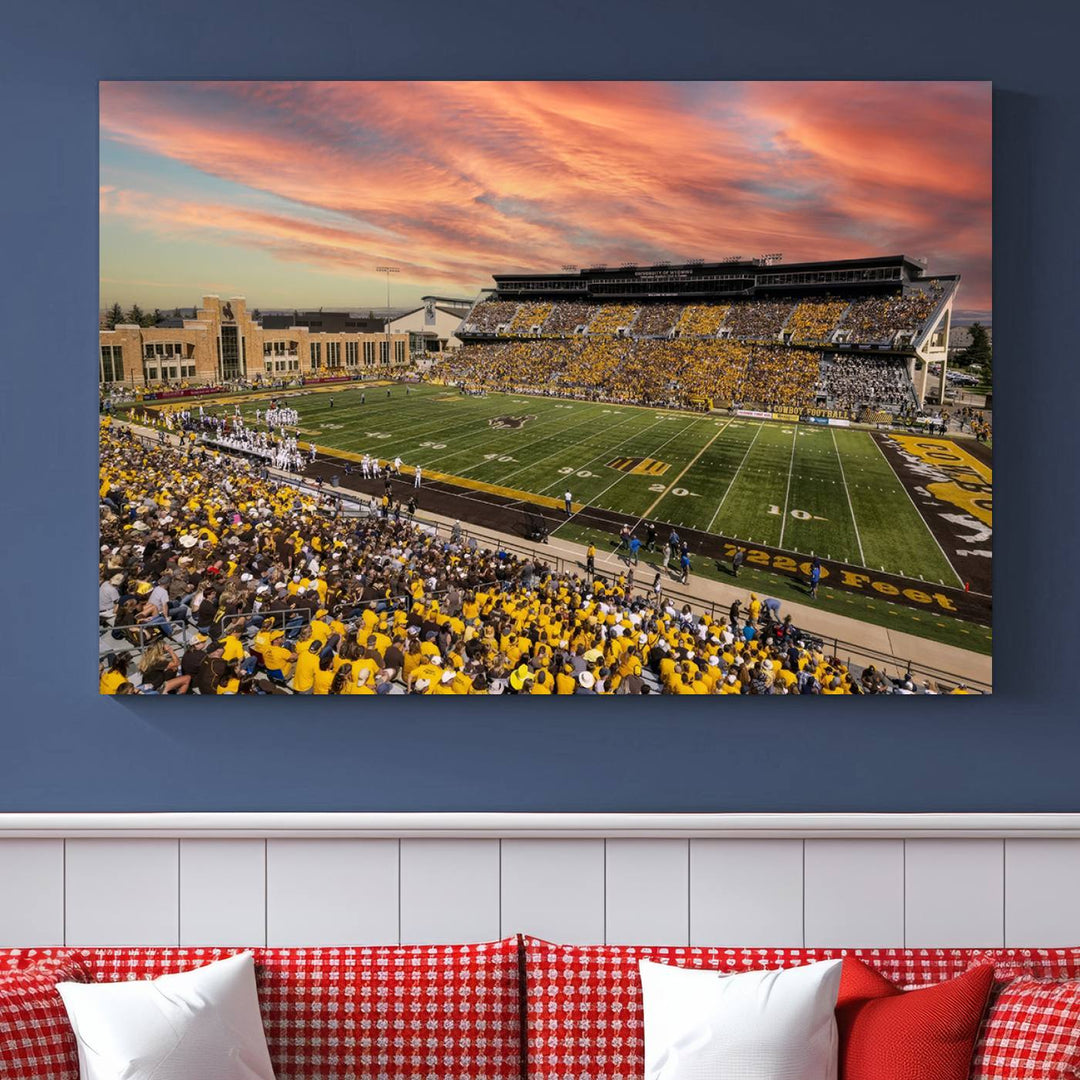 Capture the essence of a packed War Memorial Stadium at sunset with the Cowboys Football Canvas Print, highlighting fans cheering in yellow.