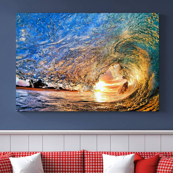 Ocean Wave at Sunset Canvas Print | Large Coastal Ocean Wall Art Print | Vibrant Beach Waves Art Print | Surf Lover Gift | Nautical Decor