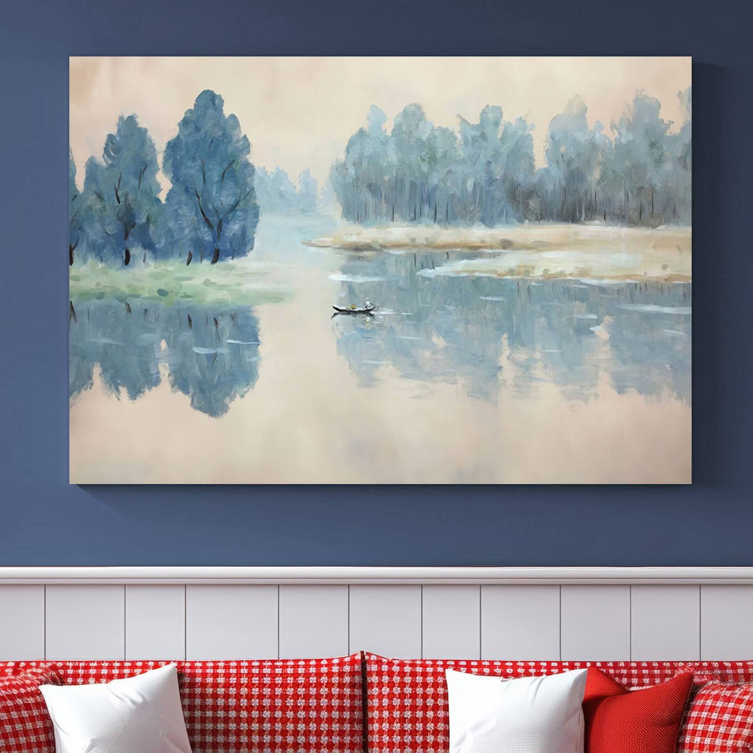 Landscape Printing Lake and Boat Scene | Serene Landscape Wall Art for Nature Lovers | Ready to Hang Triptych Canvas Print | Peaceful Blue Trees and Water Reflection Decor