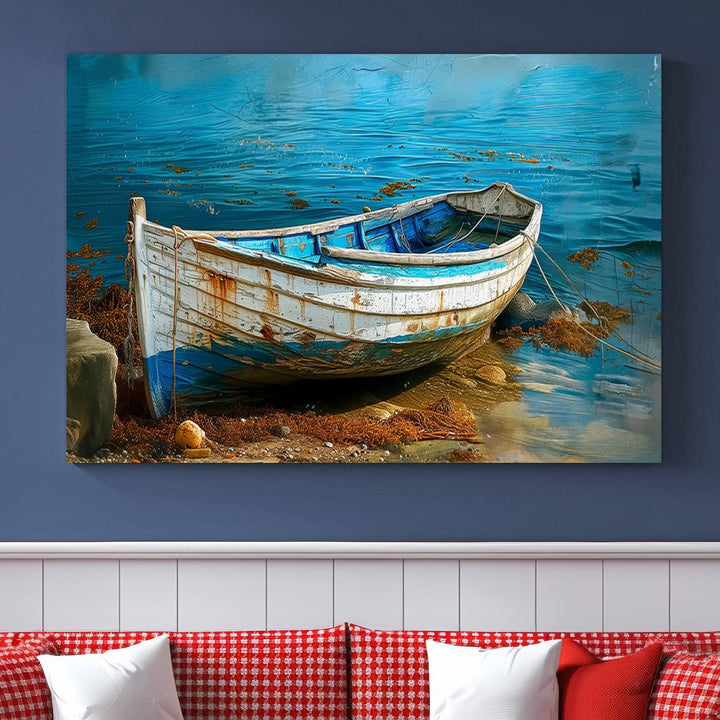 Vintage Boat on Tranquil Waters | Coastal Wall Art for Nautical Decor | Rustic Triptych Canvas Print | Beach House Art for Coastal Home Decor
