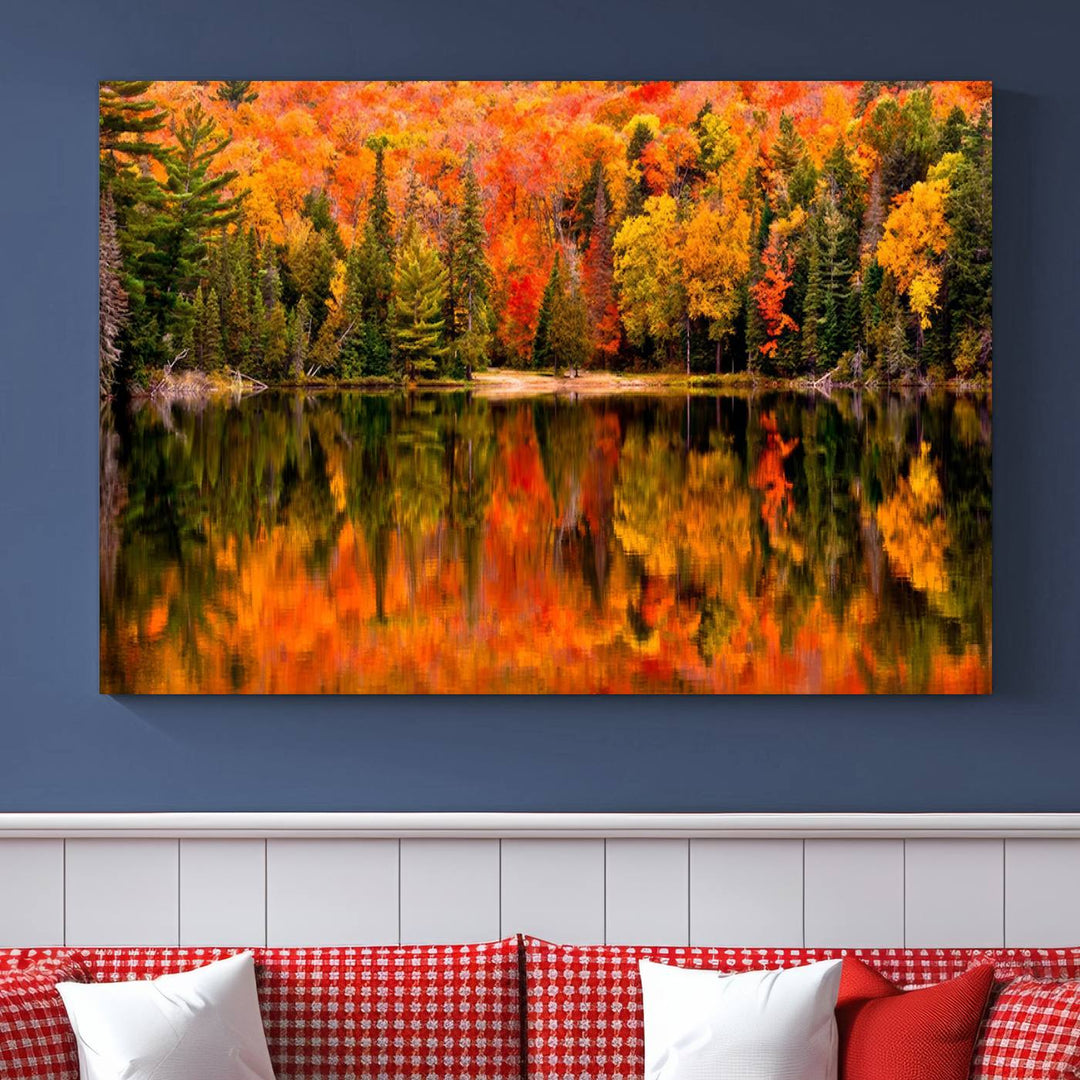 Autumn Forest Reflection Wall Art | Triptych Canvas Print | Vibrant Fall Foliage Wall Decor | Nature-Inspired Cabin Wall Art for Living Room