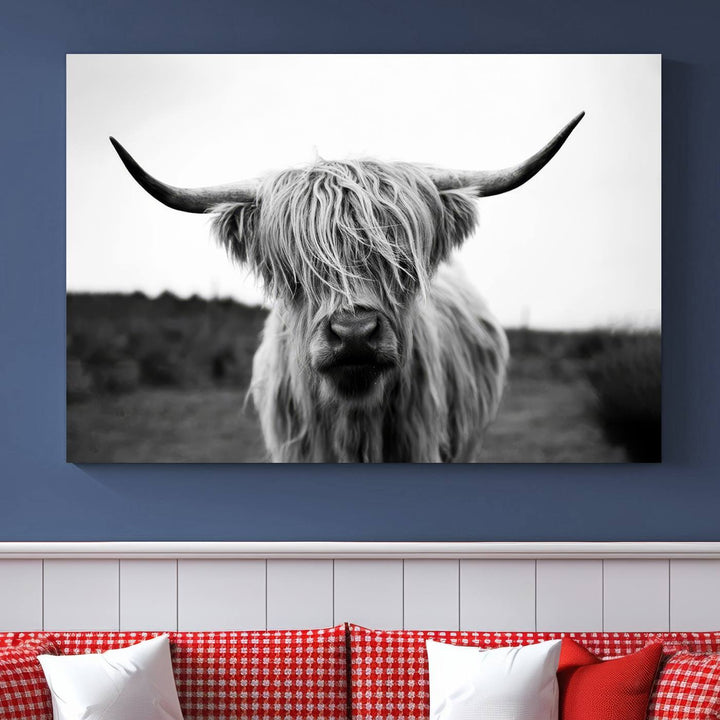 Highland Cow Wall Art | Black and White Farmhouse Decor | Ready to Hang Triptych Canvas Print | Rustic Barn Decor | Scottish Highland Cattle Art Print