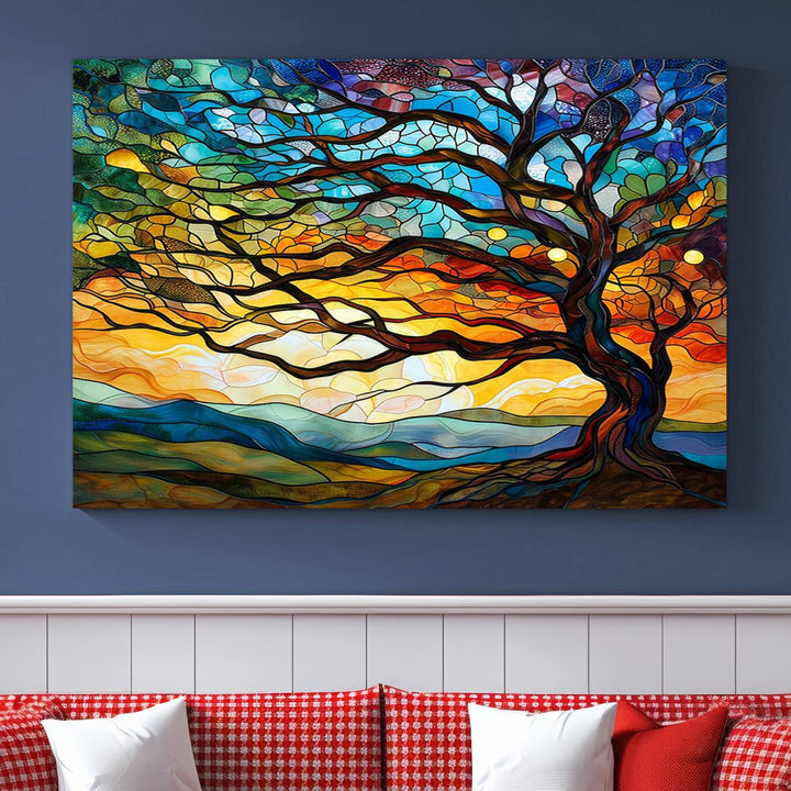 Vibrant Mosaic Tree of Life Wall Art | Stained Glass Style Canvas Print | Ready to Hang Artistic Decor