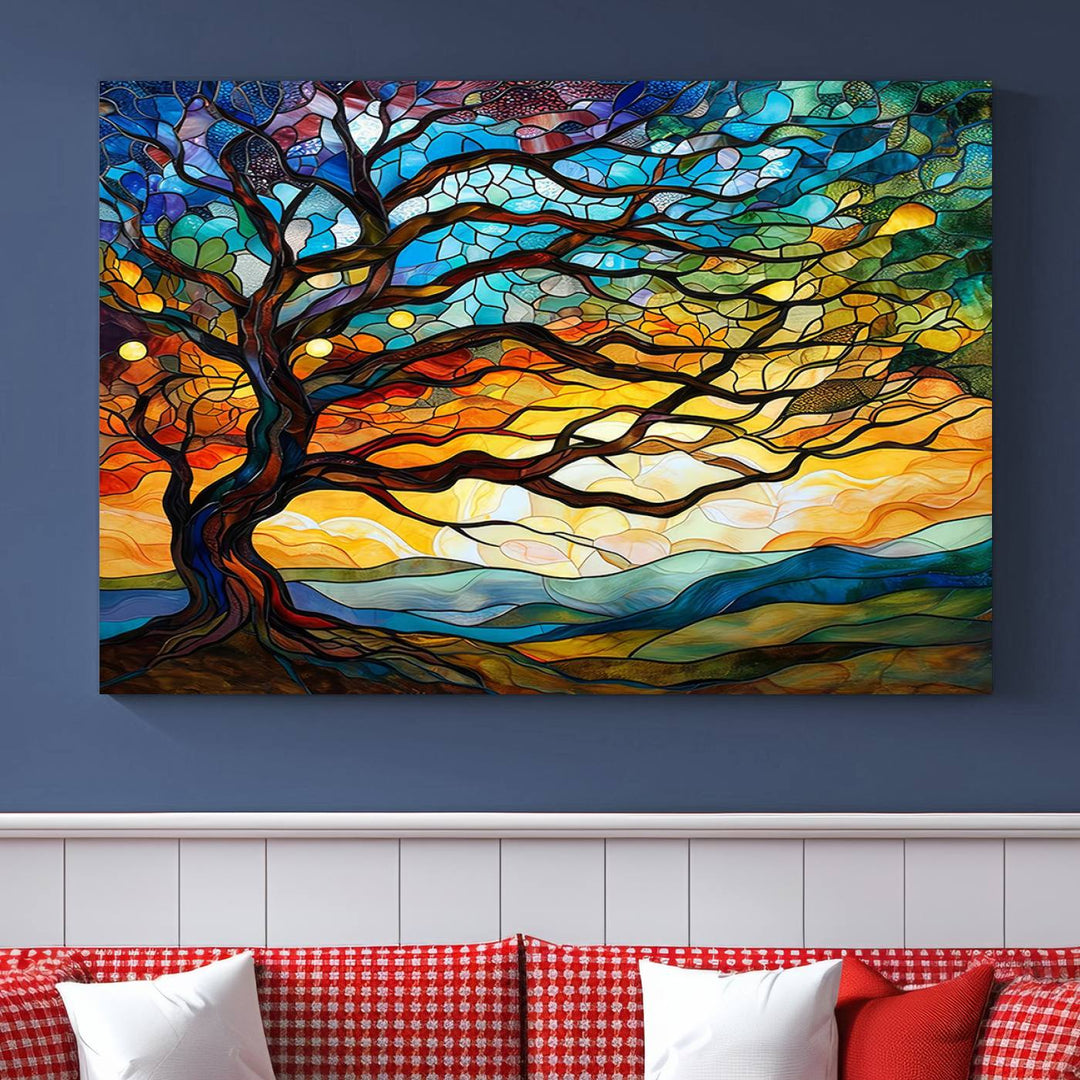 Mosaic Tree Wall Art | Ready to Hang Stained Glass Style Canvas Print | Farmhouse Wall Decor, Cabin Wall Art, and Unique Nature Home Decor