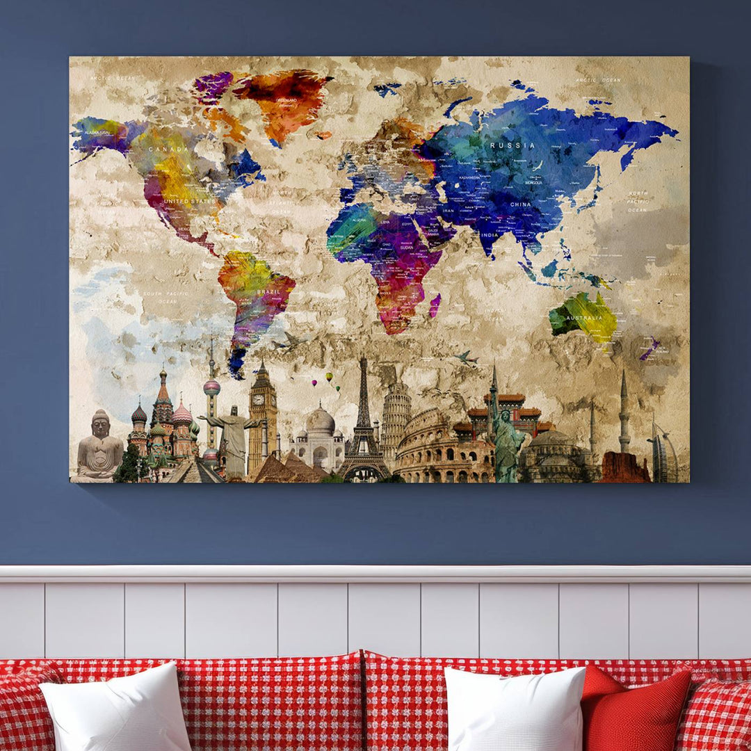 Artistic world map featuring landmarks like the Eiffel Tower, printed on premium wall art for office or living space.