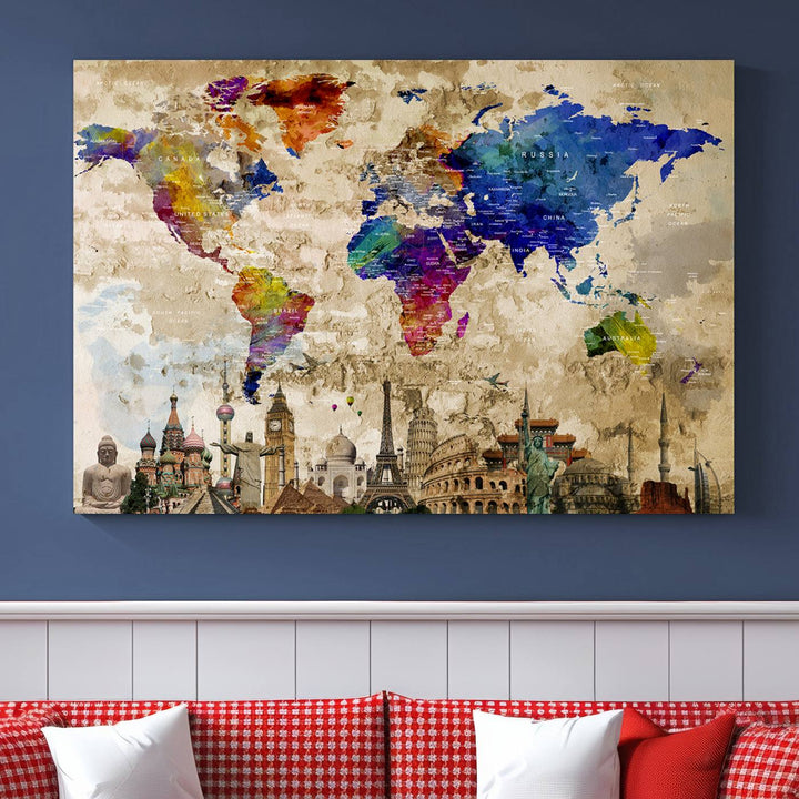 A vivid World Map Canvas Print - Premium Framed Travel Wall Art is displayed. Made with fade-resistant inks, it ensures enduring beauty and style.