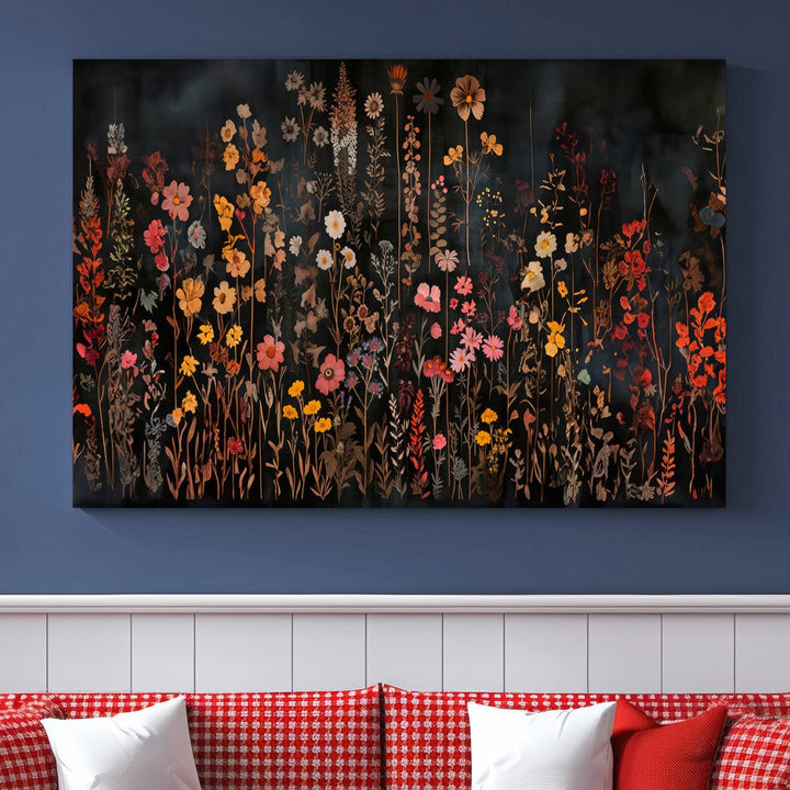 A large wildflower painting print on canvas featuring a colorful floral illustration, perfect as botanical decor for a stylish home.