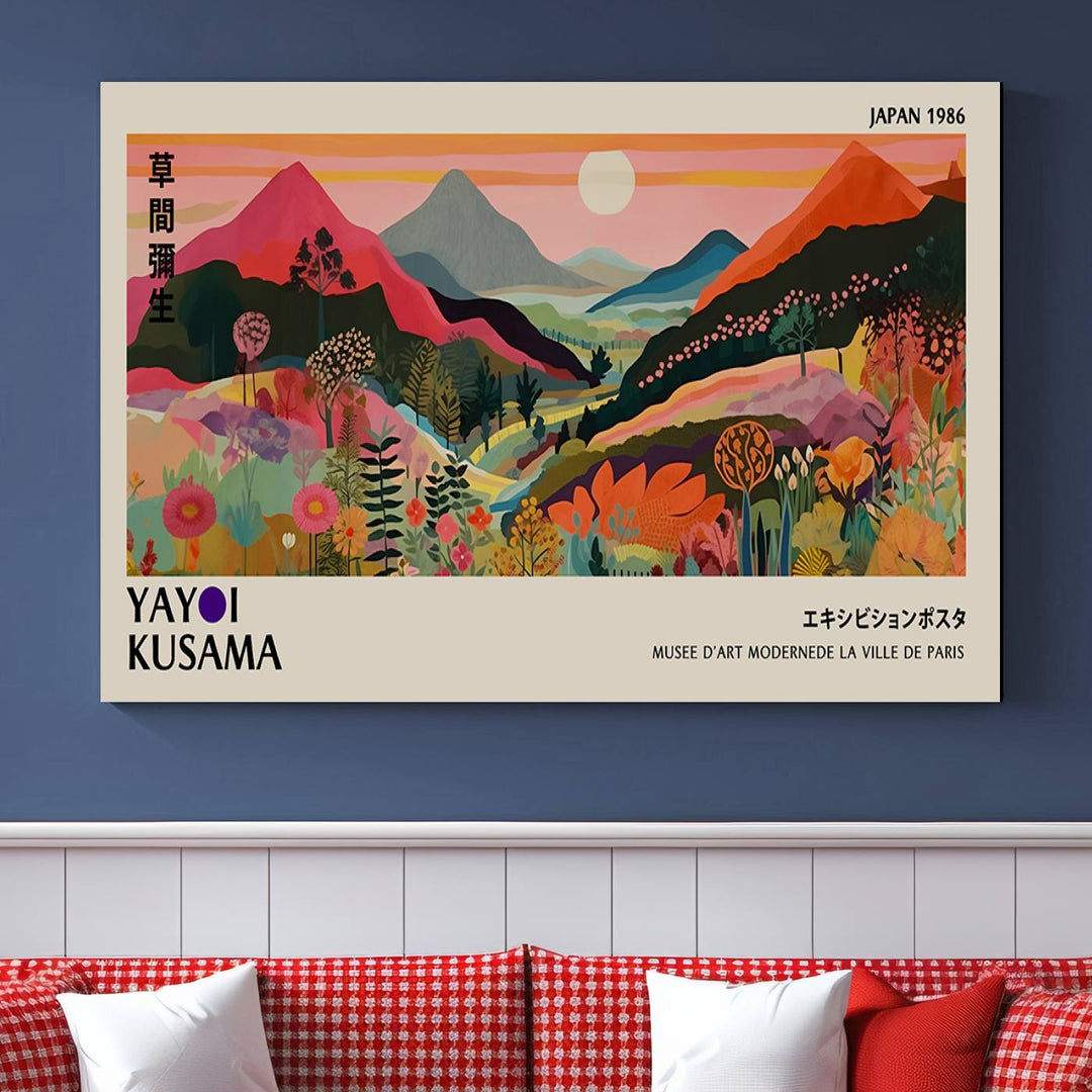 A vibrant abstract landscape by Yayoi Kusama adorns a Wabi Sabi ready-to-hang canvas print, featuring mountains and flowers.