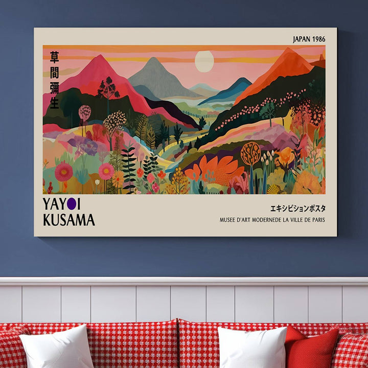 A vibrant abstract landscape by Yayoi Kusama adorns a Wabi Sabi ready-to-hang canvas print, featuring mountains and flowers.