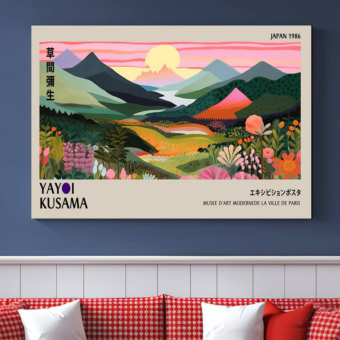 Vibrant abstract landscape canvas with mountains and fields, titled Yayoi Kusama 1986 Wall Art Print.