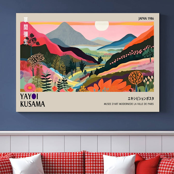 Vibrant abstract landscape canvas inspired by Yayoi Kusama, featuring mountains, trees, and flowers in a triptych style.