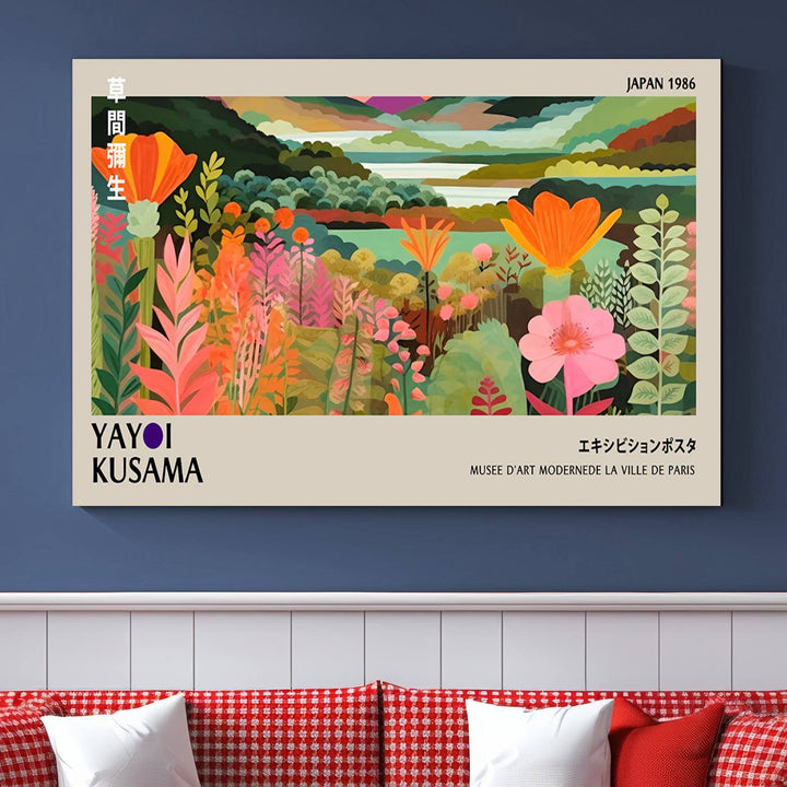 A vibrant 1986 Yayoi Kusama abstract landscape featuring flowers and hills on a canvas wall art print, ready-to-hang.