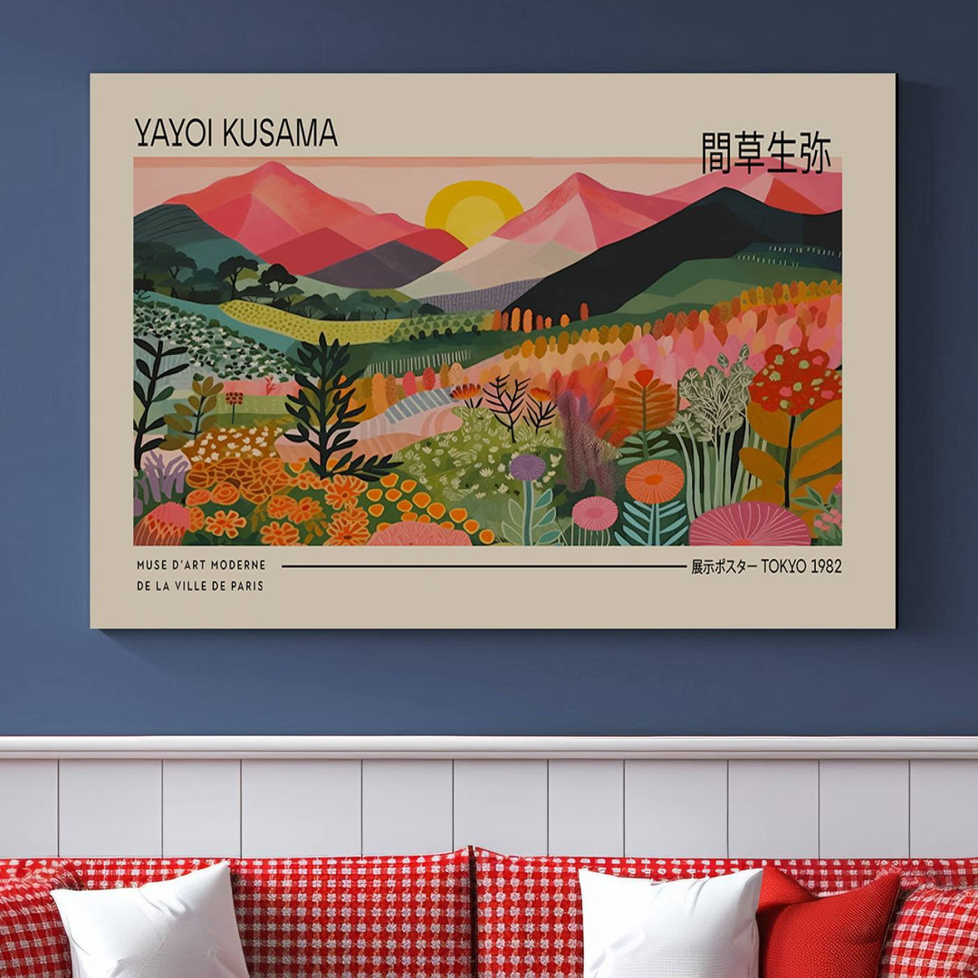 A vibrant abstract triptych features mountains, a sun, and plants in Yayoi Kusamas style with Japanese and French text included.