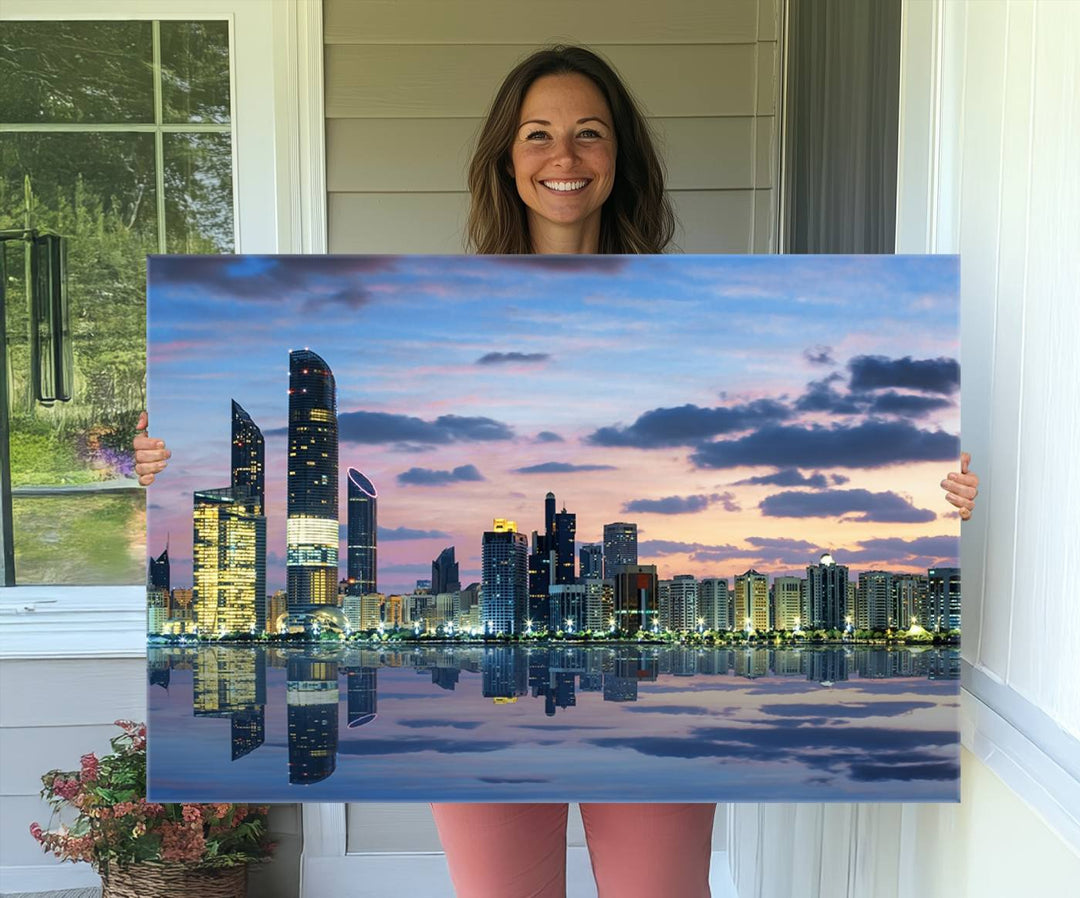 A gallery-quality wall art canvas print captures the Dubai city skyline with skyscrapers reflected in water at sunset.