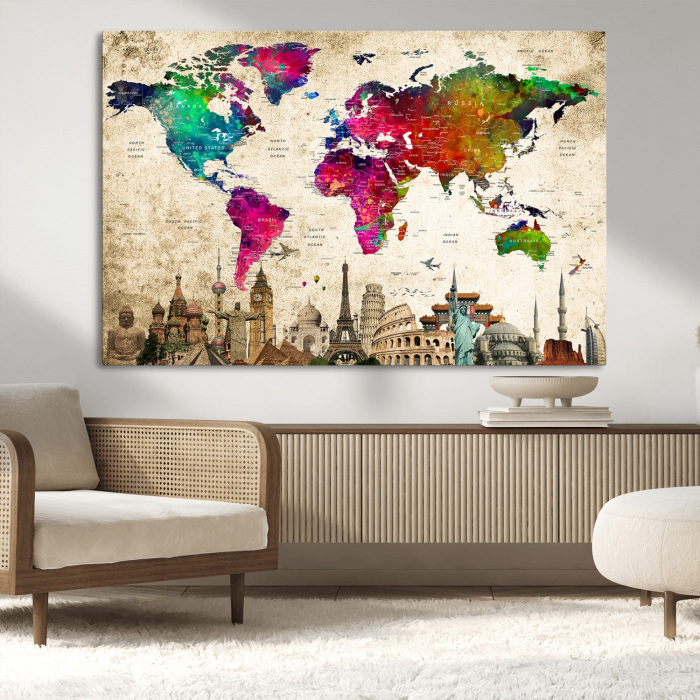 MGV-CV-36X24 - Push Pin World Map Canvas Print – Framed Wall Art for Couples to Track Their Travels – Anniversary