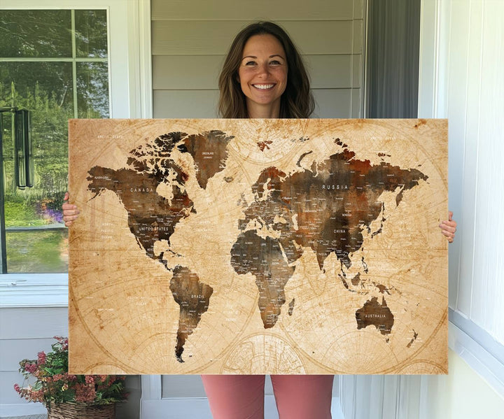 Vintage World Map Wall Art | 3 Panel Large Canvas Art | Antique World Map Canvas Print | Rustic Map Wall Art, Framed Gallery Wrapped