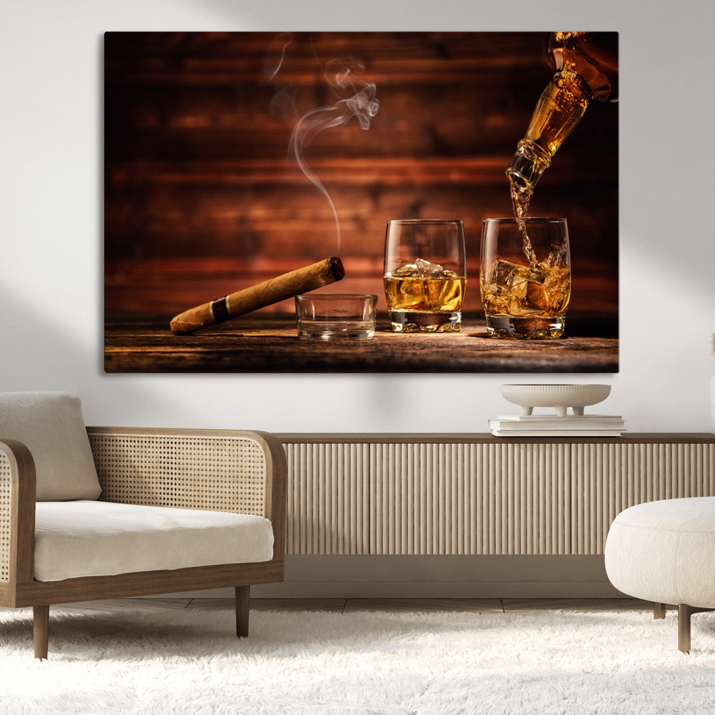 MGV-CV-36X24 - Whiskey and Cigar Wall Art Canvas | 3 Panel Bar Room Decor for Home Lounge, Office, or Man Cave |