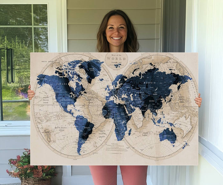 Vintage Triptych Map Print - Antique World Map Canvas Wall Art – Vintage Triptych Blue and Beige Map Print