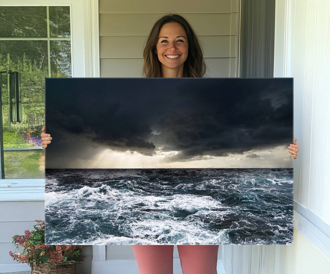 A Dark Clouds Stormy Sea canvas print, ready to hang, enhances the room.