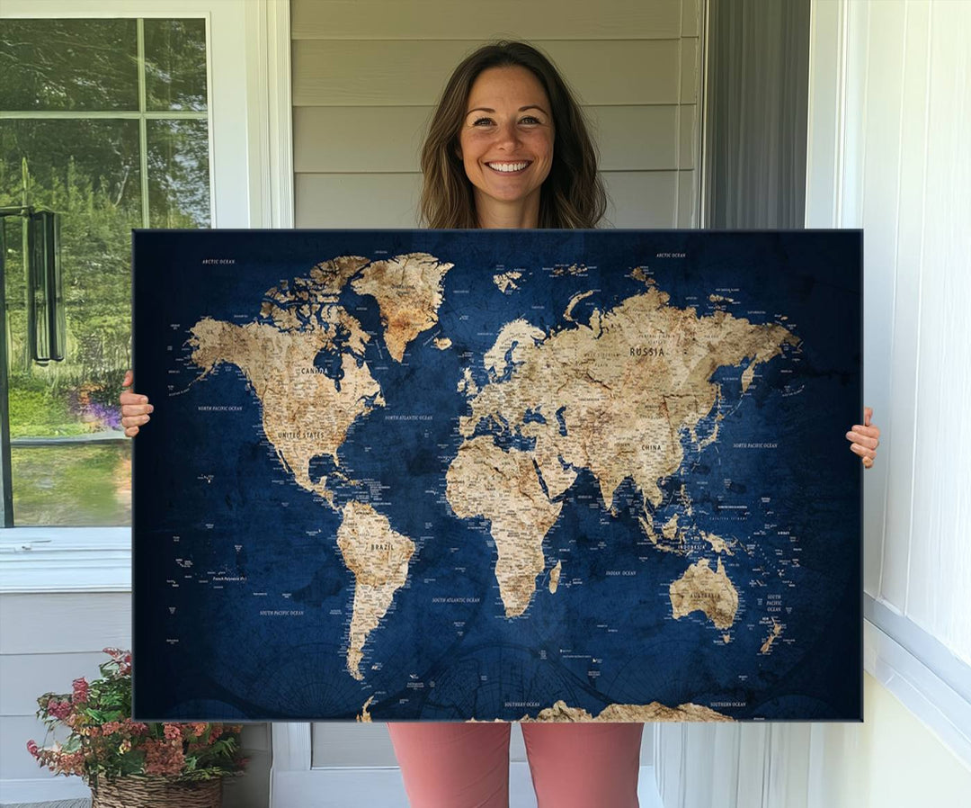 Classic Vintage Blue World Map Canvas Print featuring beige continents against a deep blue background.