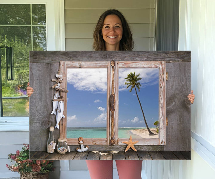 The Window Wall Art Relaxing Beach features seashells and a rustic window frame.