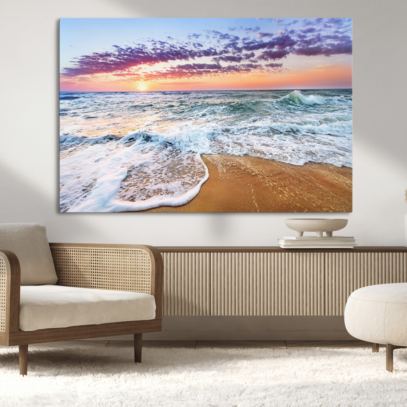 MGV-CV-36X24 - Coastal Sunset Art Beach Canvas Wall Art Print | Ocean Waves Wall Art | Large 3-Panel Seascape for