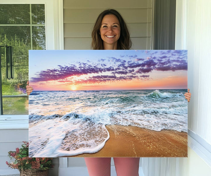 The Tropical Beach Waves Art Print, depicting an ocean sunset and sandy shore, enriches the coastal decor of the dining area.