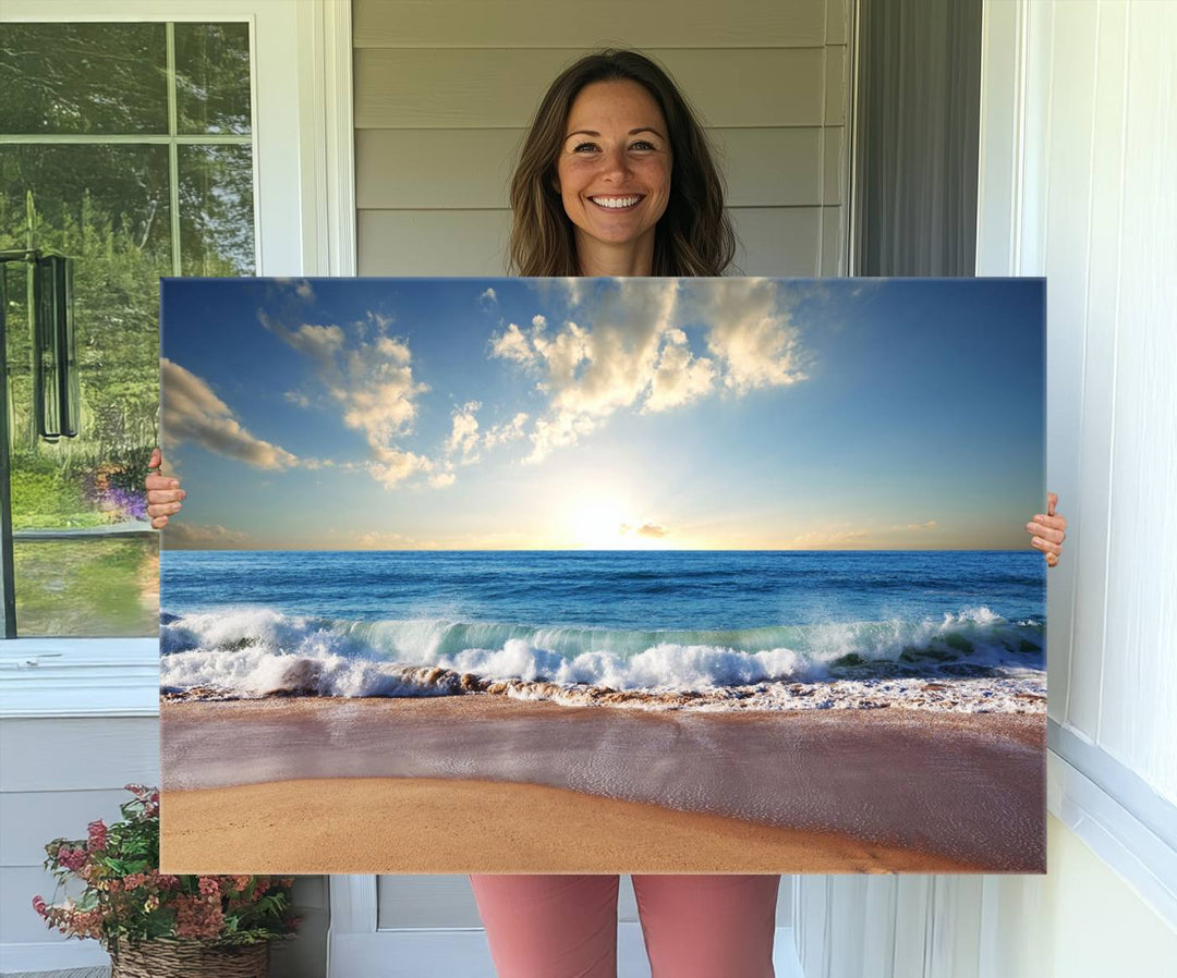 The dining room features a Coastal Tropical Beach Sunset canvas wall art.