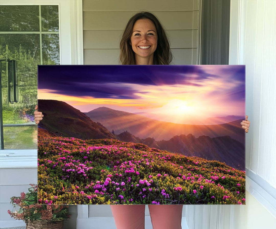 Gallery-wrapped wall art of a stunning mountain sunset and purple flowers.