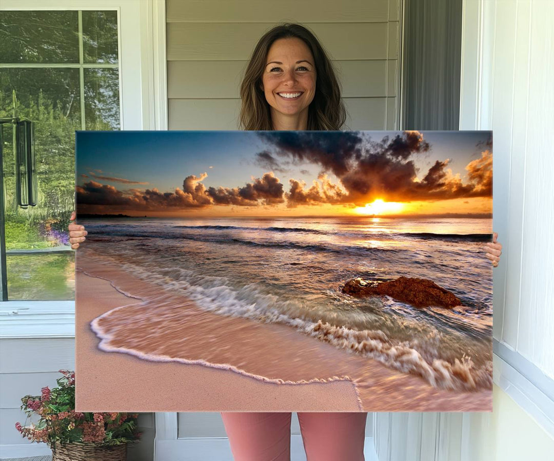 The Sunset on Ocean Wall Art Canvas Print beautifully captures a beach sunset, gentle waves, and a peaceful atmosphere.