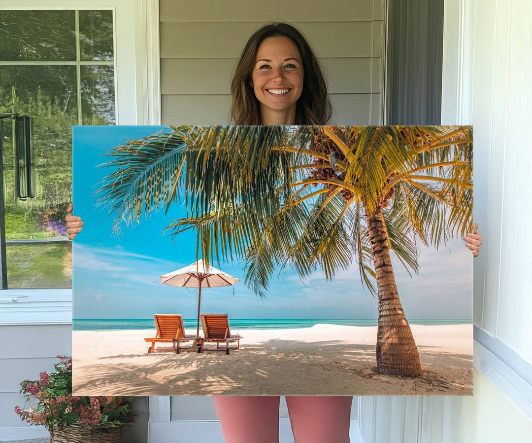 The 3-panel Tropical Beach Wall Art features palm trees and sun loungers, perfect for coastal decor.