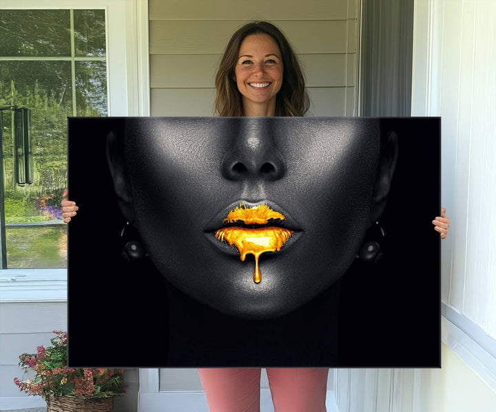 The Honey Gold Lips and Black Woman Photograph canvas print adds a striking touch to the room.