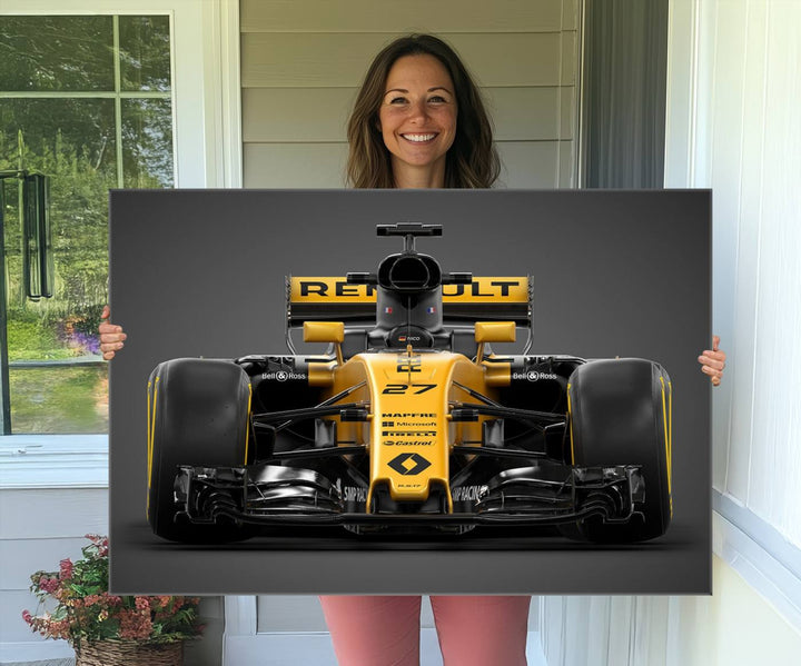 A yellow and black F1 Renault car canvas print with free shipping.