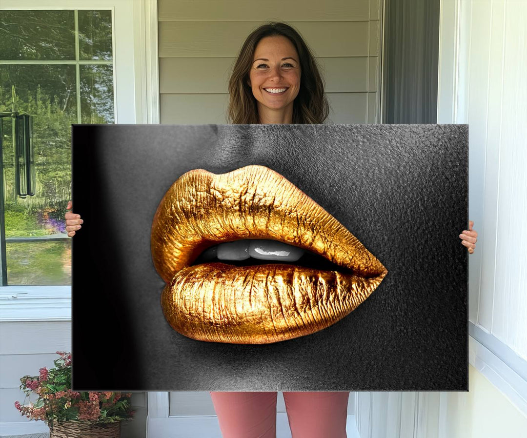 The Gold Lips Canvas Wall Art on a black background is showcased.