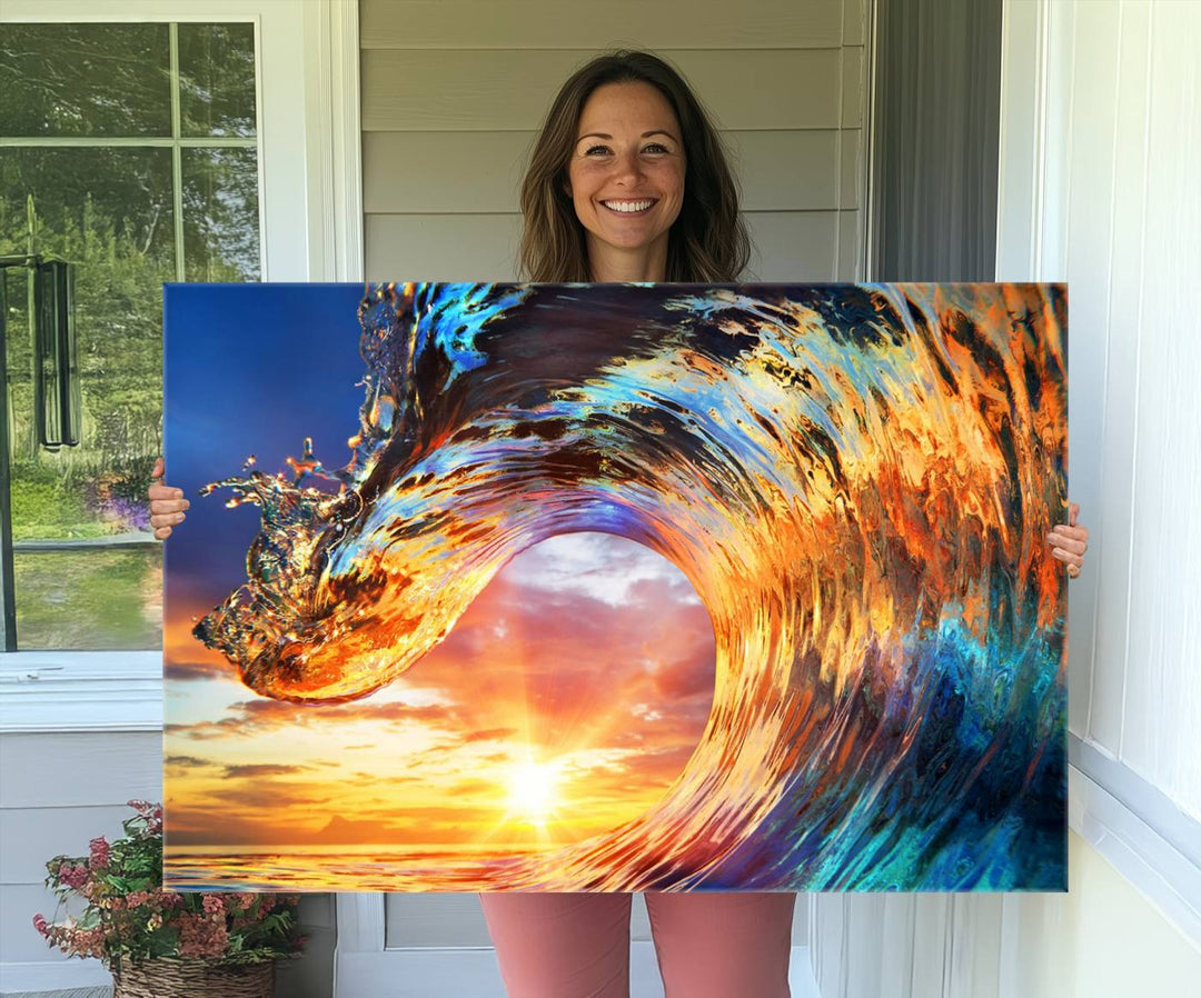 Wave Canvas Wall Art: A multi-panel sunset ocean scene that adds vibrant decor to any space.