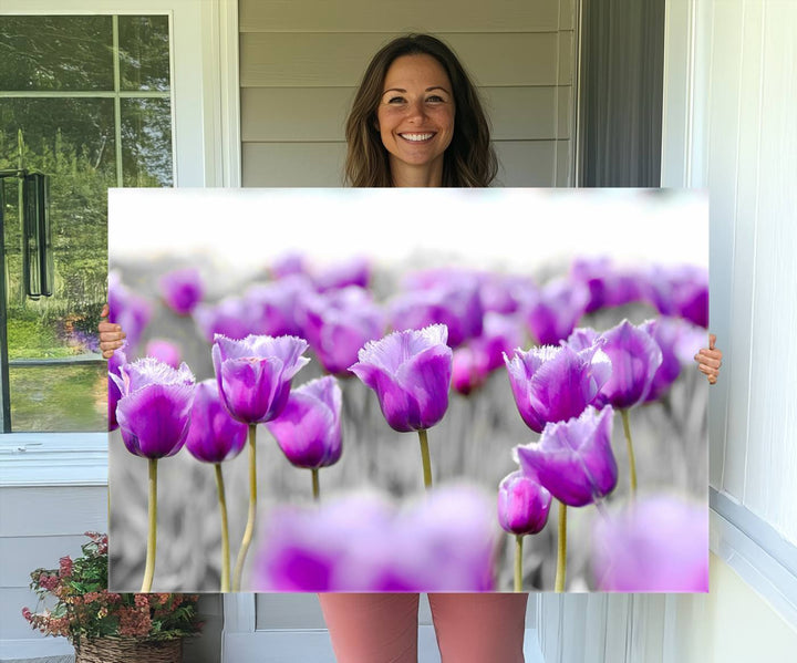 A gallery-wrapped Tulip Fields canvas wall art in a vivid purple hue.