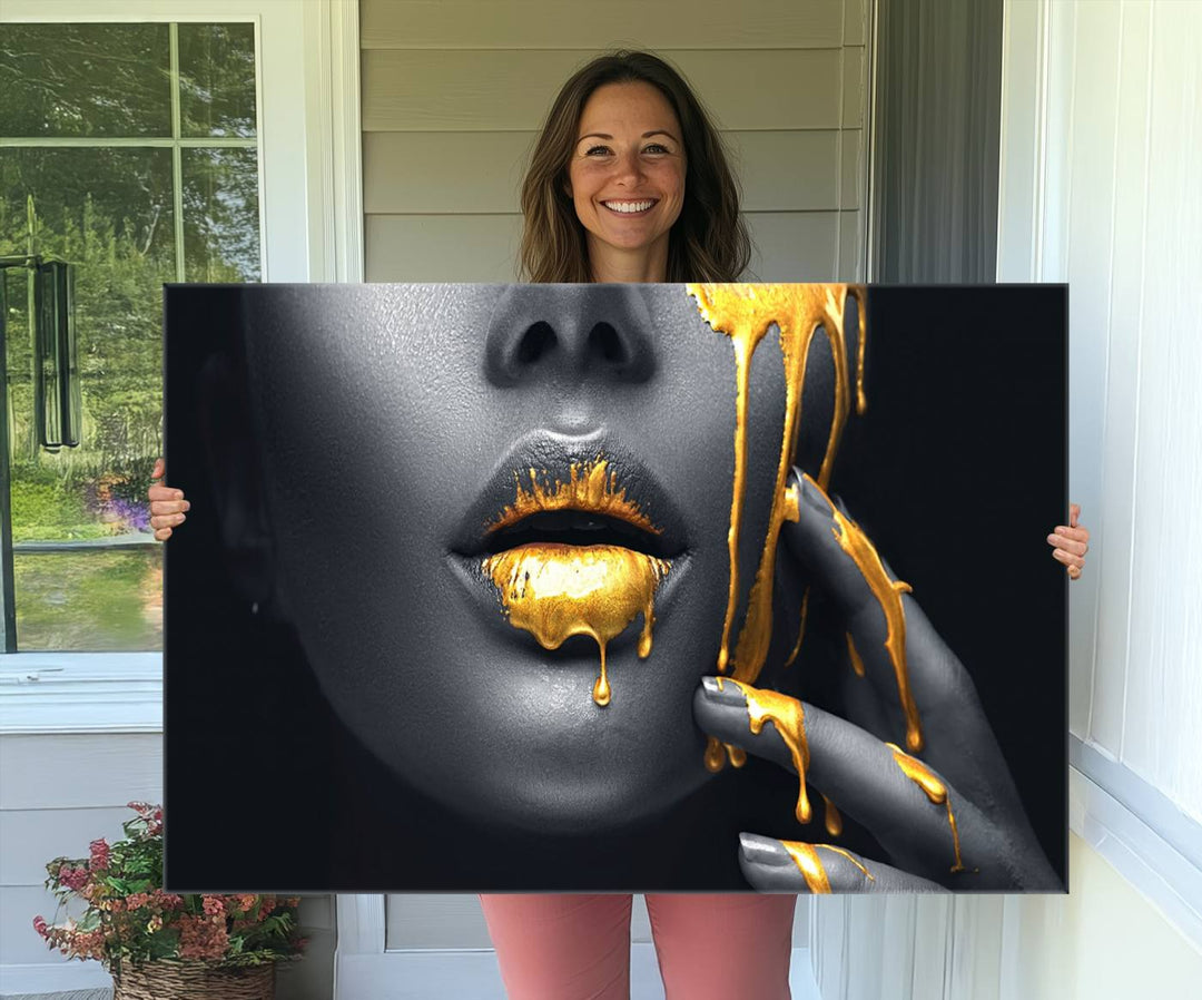 Above the dining area is the Gold Glitter Lips Fashion Makeup canvas wall art.