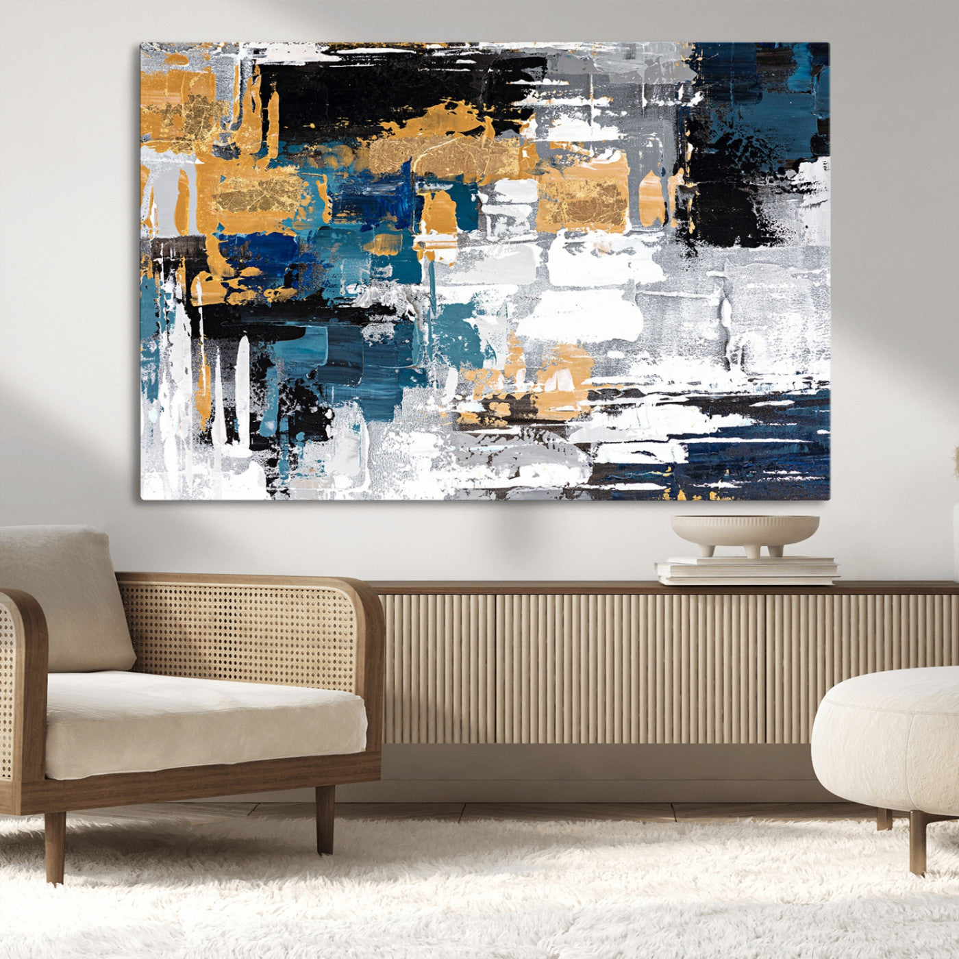 57708-MGV-CV-36X24-Blue and Gold Abstract Canvas Wall Art – Triptych Modern Painting for Living Room – Framed and Ready to Hang