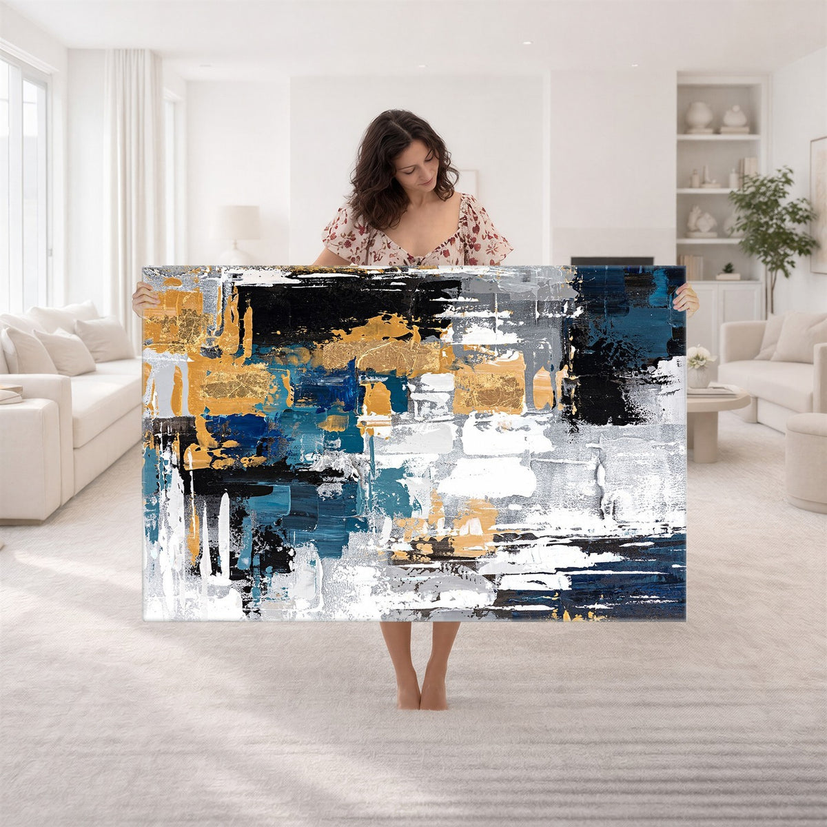 57708-_Poster-30x20 - Blue and Gold Abstract Canvas Wall Art | Triptych Modern Art Print