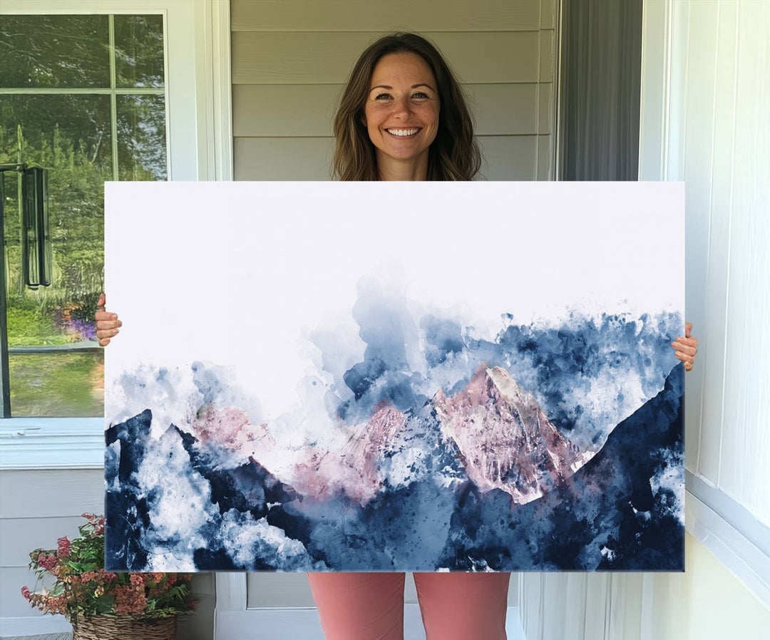 A modern kitchen showcases an Abstract Watercolor Mountain Landscape Art Canvas Print.