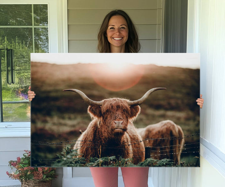 A Highland Cow Animal Canvas Wall Art, featuring a grassy field, is displayed on the wall.