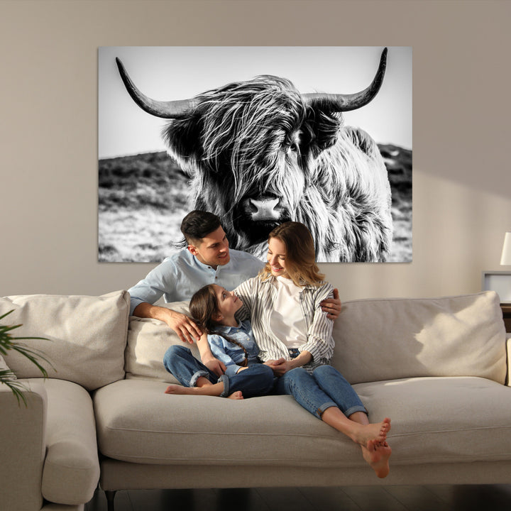 Highland Cow Wall Art | 3-Panel Black and White Highland Cow Canvas Print for Western Farmhouse Decor