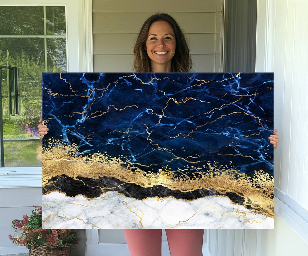 Navy Blue Marble Fluid Effect Canvas Wall Art, featuring a gold and white abstract design, adds a finishing touch to your modern kitchen decor.