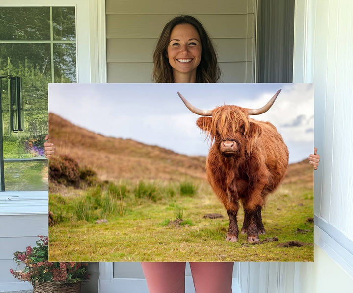 A Highland Cow Animal Canvas Wall Art hangs on the wall, adding warmth to the room.