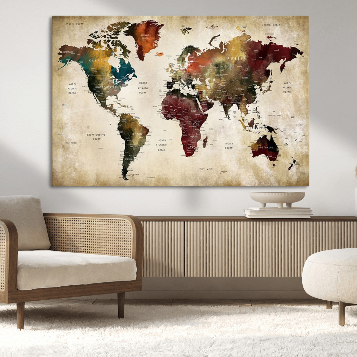 MGV-CV-36X24 - Large World Map Wall Art Canvas Print, Framed Push Pin Map Art Picture Print, Abstract Traveller Map Perfect Modern Decor Artwork
