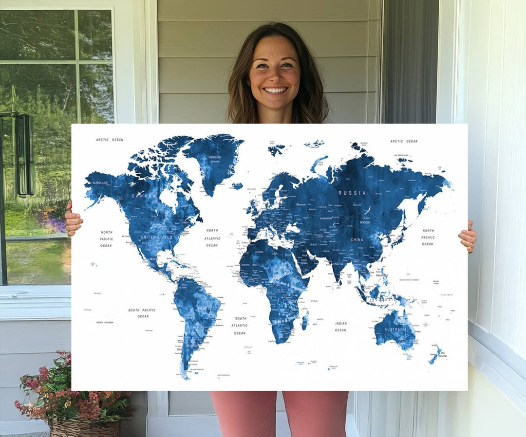 Navy Blue Wall Art World Map Canvas Print, an ideal piece for anyone seeking unique home or office decor.