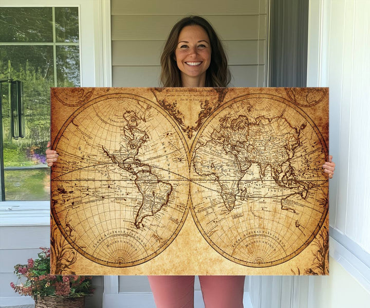 Vintage World Map Wall Art | 3-Panel Canvas Print for Living Room, Office, or Study | Giclee Canvas with Antique Design