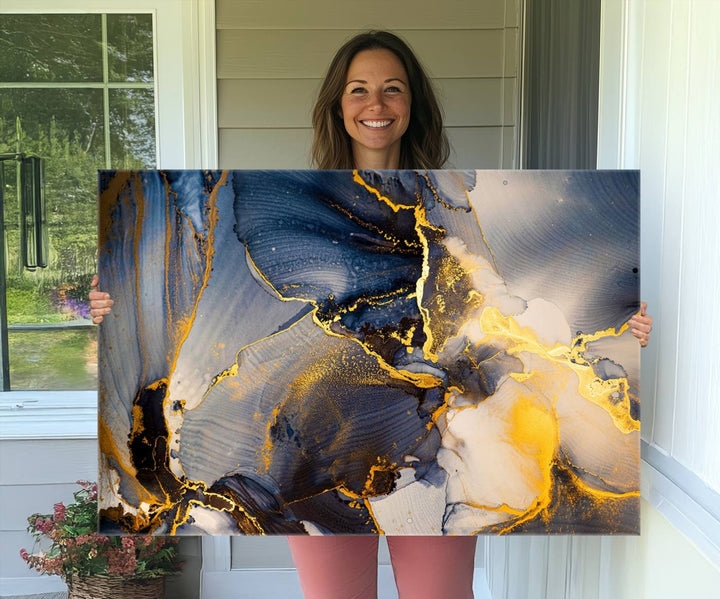 Large Abstract Wall Art Print - Gold and Blue Abstract Canvas Wall Art | Fluid Ink Modern Luxury Wall Decor for Living Room Decor