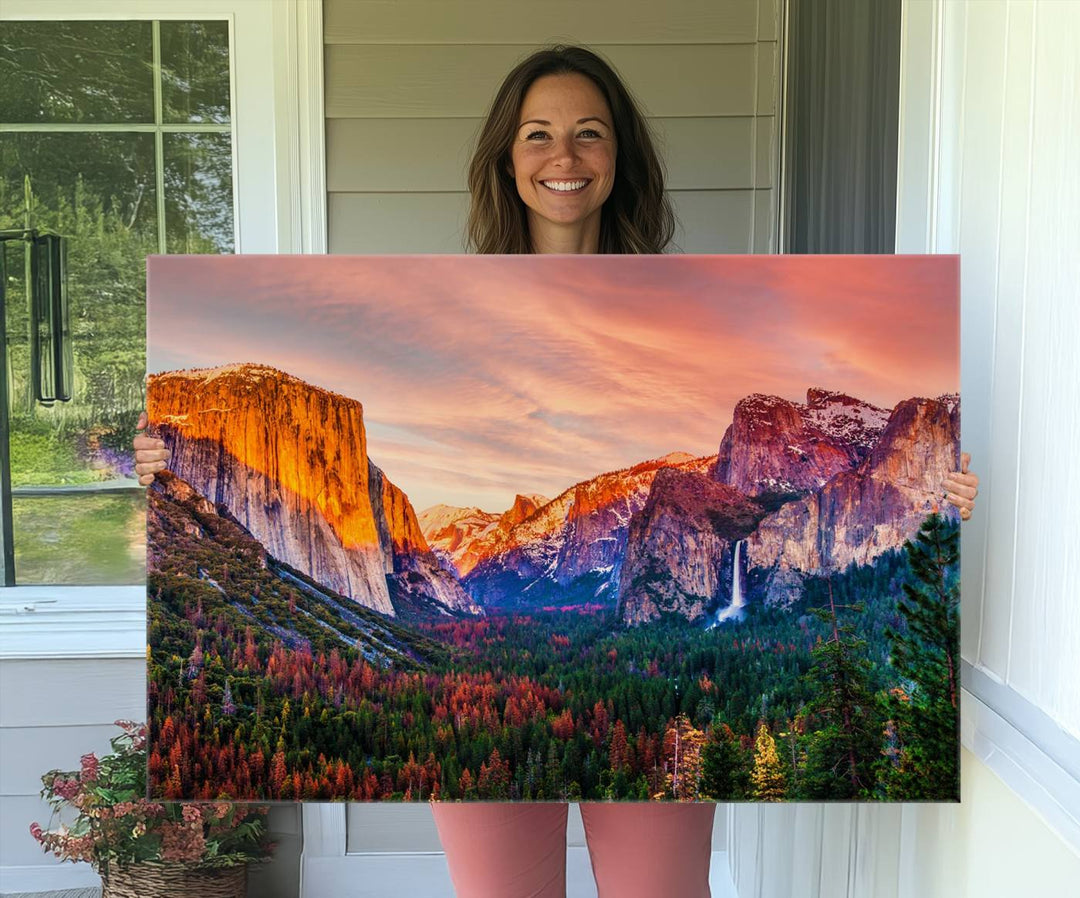 An El Capitan Yosemite Canvas showcasing a sunset over a mountain valley.